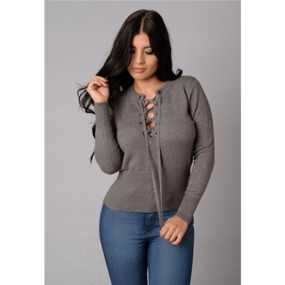 Part Two Copenhagen Charcoal Grey Lace Up Wool Blend Knit Pullover Sweater S